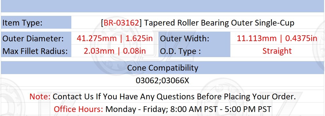 [Qty.1] New 03162 Tapered Roller Bearing Single-Race/Cup [1.625″ OD x 0.4375″ W]