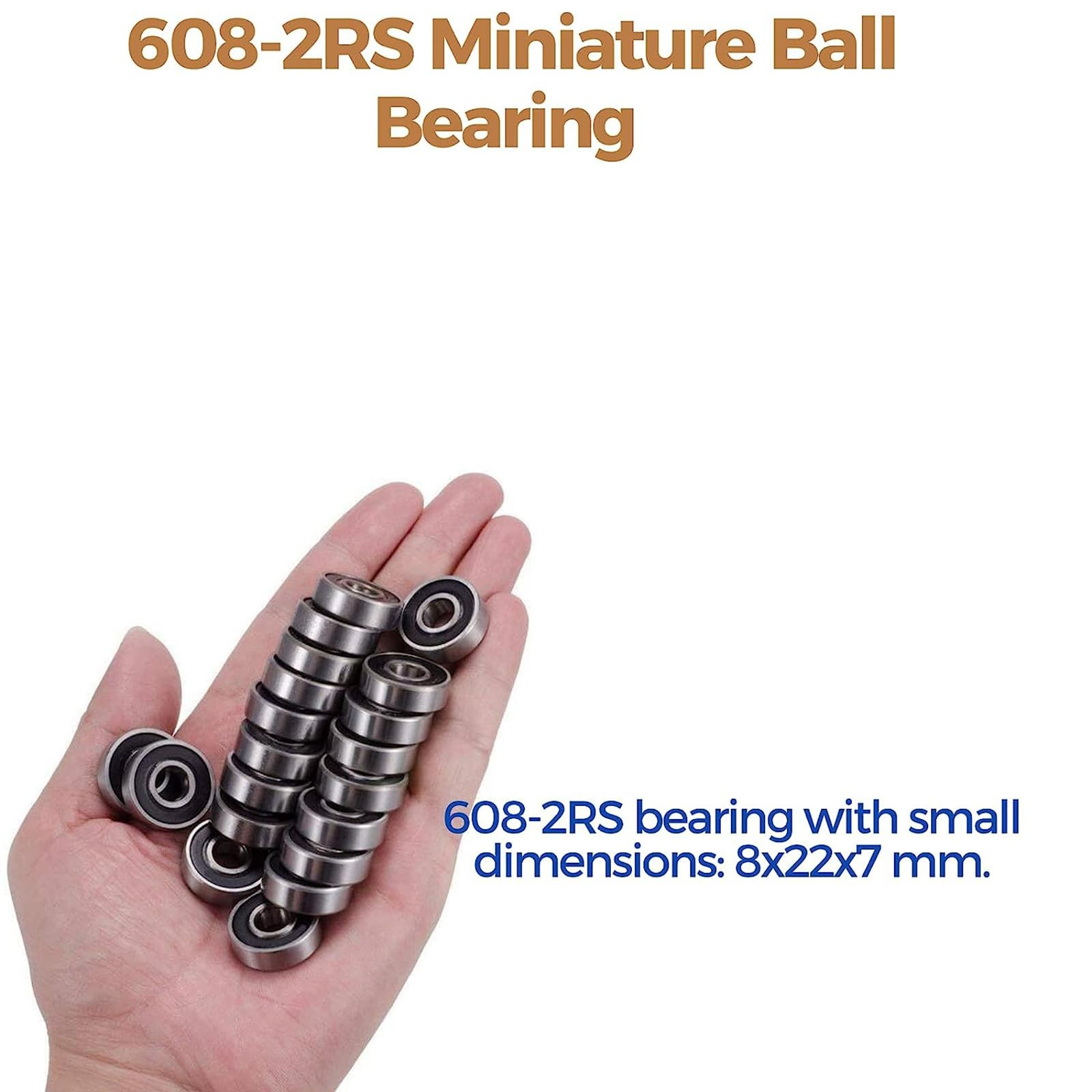 608 2RS Bearings, 50 Pack 608 Bearing, 8x22x7mm RS Ball 50 Pack, Black