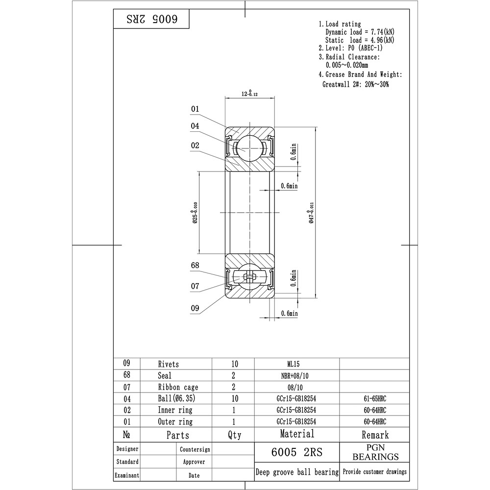 (10) 6005-2RS Premium Rubber Seal Ball Bearing C3 EMQ, 25x47x12, 6005 2RS 6005rs