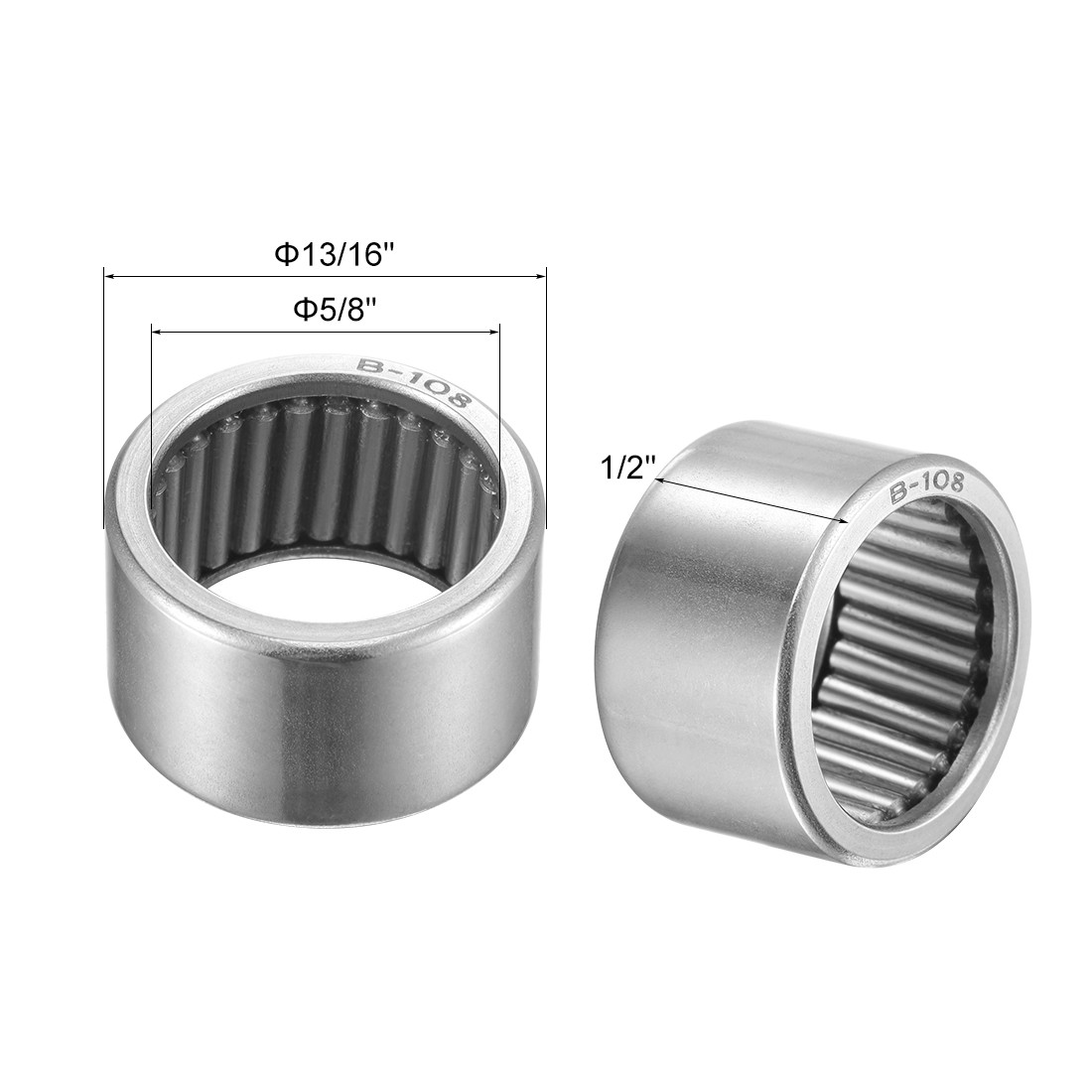 2pcs B108 Needle Roller Bearings 5/8″x13/16″x1/2″ Open Full Complement Drawn Cup