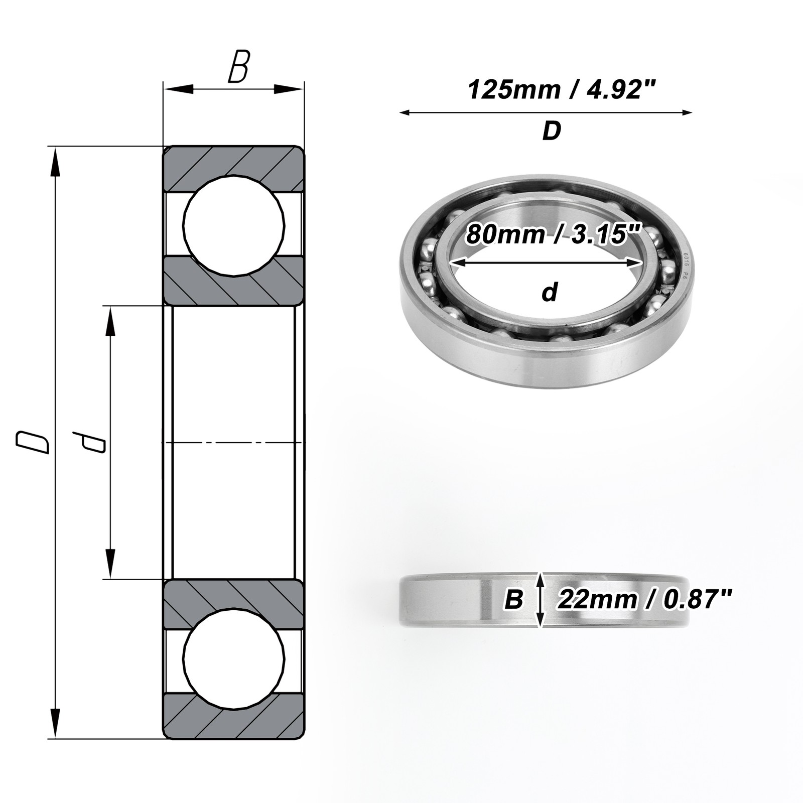 6016 Deep Groove Ball Bearings 80x125x22mm 1 Pc Scooter Skateboard Wheel