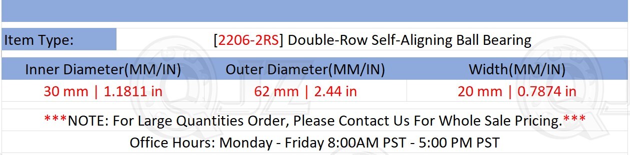 [Qty.1] 2206-2RS Self-Aligning Double-Row Bearing [30mm ID x 62mm OD x 20mm W]