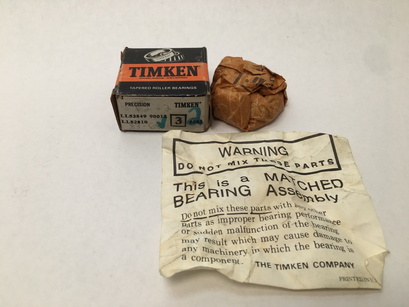 Timken LL52549-90013 Taper Bearing Cone&Cup LL52510 *3 #3 7/8″ ID 1-21/32″ W