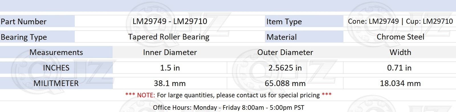 [1-Pack] LM29749-LM29710 Tapered Roller Bearing Set 1.5 in x 2.5625 in x 0.71 in