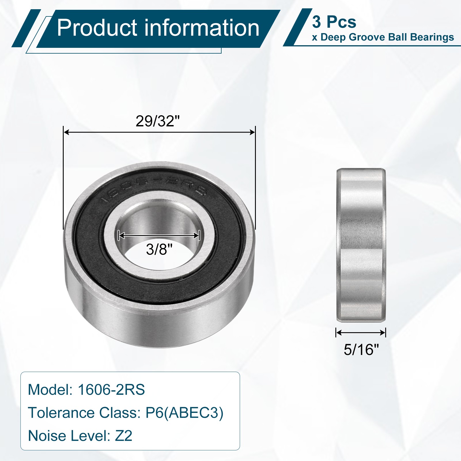 1606-2RS Deep Groove Ball Bearing, 3pcs, 3/8″ x 29/32″ x 5/16″, Z2 Double Rubber