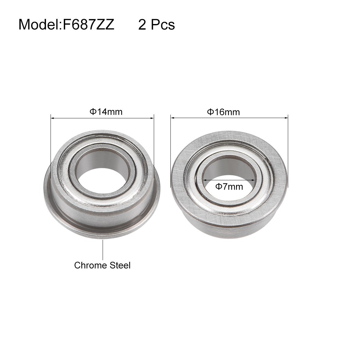 F687ZZ Flange Ball Bearing 7x14x5mm Shielded Chrome Bearings 2pcs