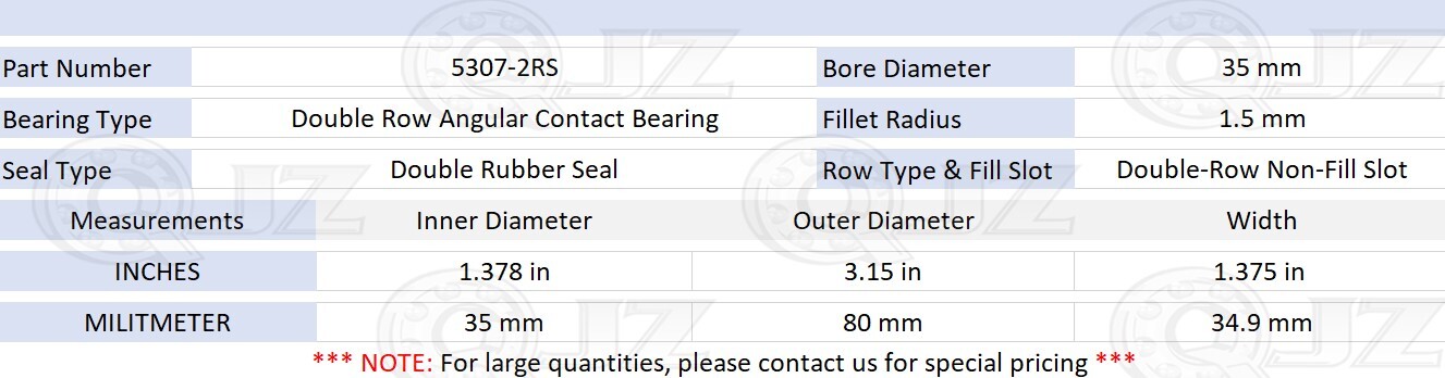 [Qty.50] 5307-2RS Angular Contact Ball Bearing [35mm ID x 80mm OD x 34.9mm W]