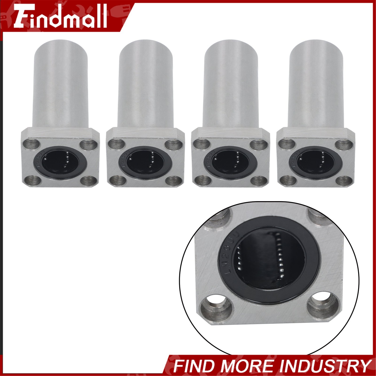 Findmall 4 Pack LMK20LUU 20x32x80mm Linear Bearing Square Flange Steel Cage CNC