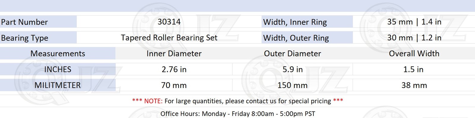 [1-Pack] 30314 Tapered Roller Bearing Set 70 mm x 150 mm x 38 mm (IDxODxW)