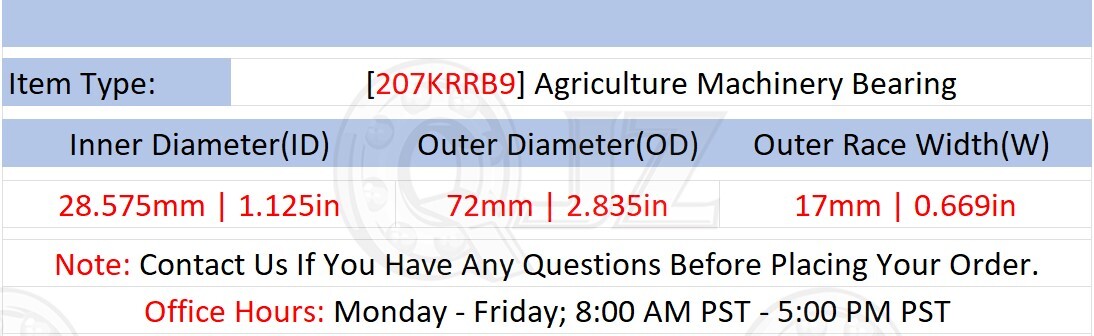 [Qty.8] 207KRRB9 Agricultural Machinery Bearing [1-1/8″ ID x 72mm OD x 17mm W]