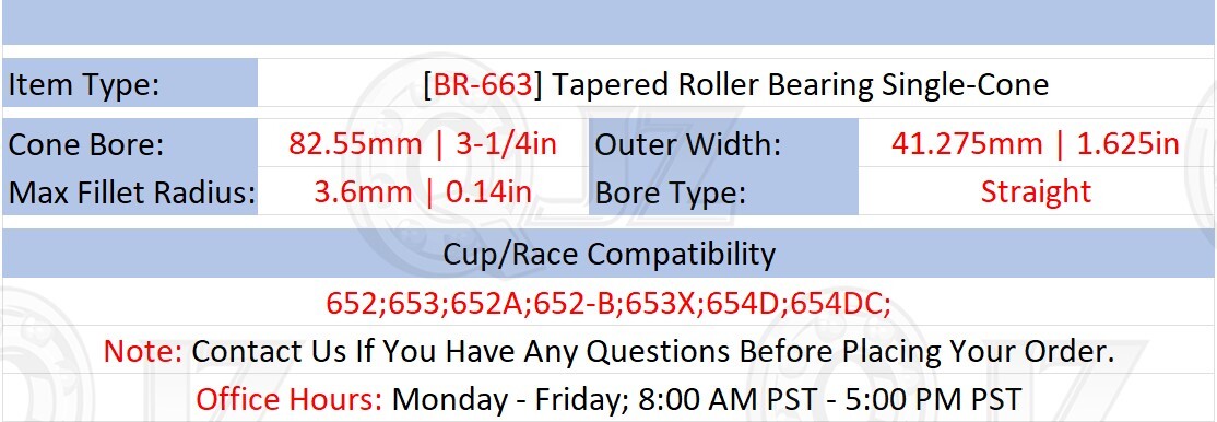 [Qty.2] BR-663 Tapered Roller Bearing Inner ingle-Cone [3-1/4″ Bore x 1.625″ W]
