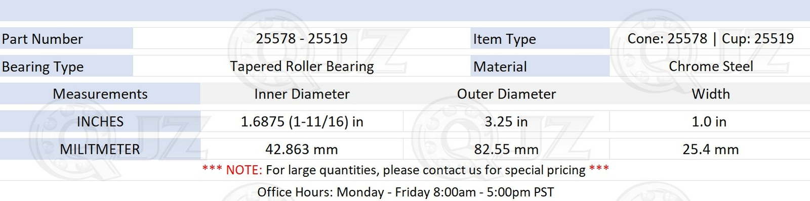 [1-Pack] 25578-25519 Tapered Roller Bearing Set 1-11/16″ x 3.25″ x 1″ (IDxODxW)