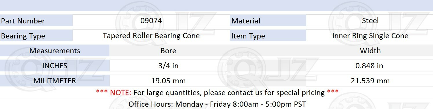 [2-Pack] 09074 Tapered Roller Inner Ring Single Cone 3/4″ (Bore) x 0.848″(Width)