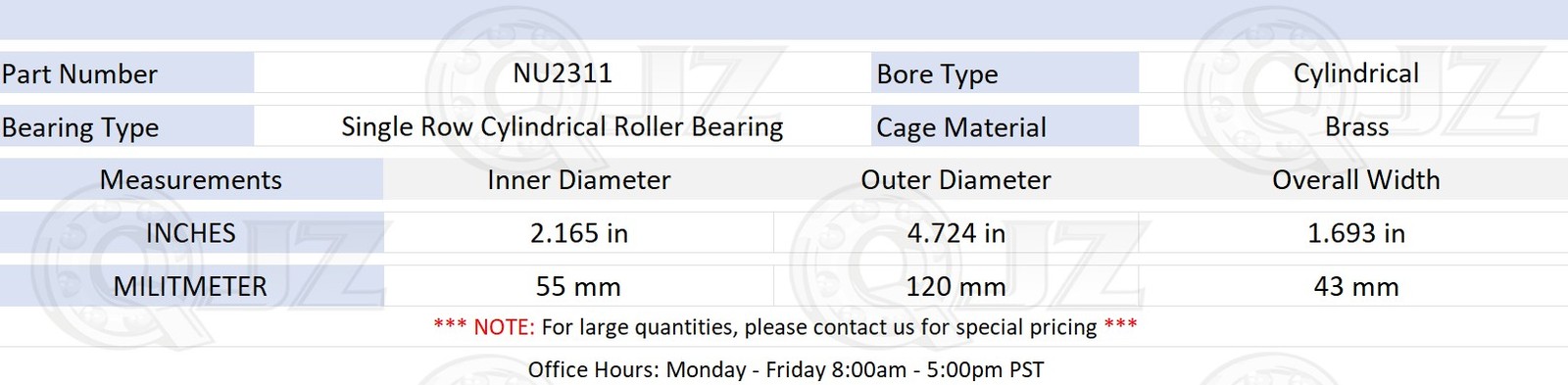 [Qty.1] NU2311 Cylindrical Roller Bearing Open 55 mm x 120 mm x 43 mm (IDxODxW)