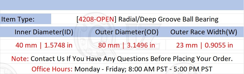 [Qty.1] 4208-OPEN Radial/Deep Groove Ball Bearing [40mm ID x 80mm OD x 23mm W]
