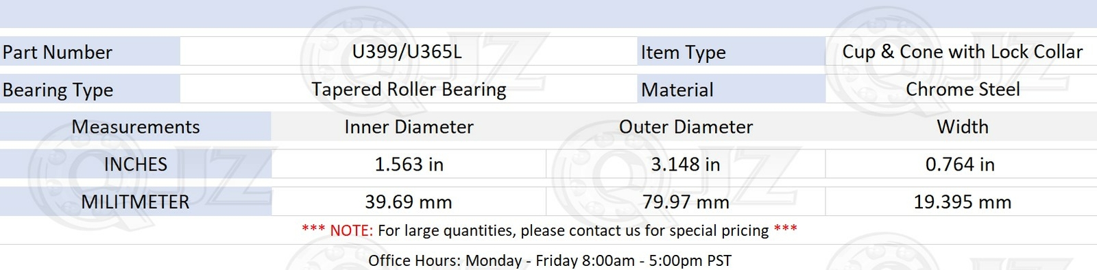 [2-Pack] U399/U365L Tapered Roller Bearing w/ Lock Collar 1.56″ x 3.15″ x 0.76″