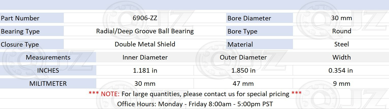 [8-Pack] 6906-ZZ Radial/Deep Groove Ball Bearing 30mm x 47mm x 9mm Double Shield