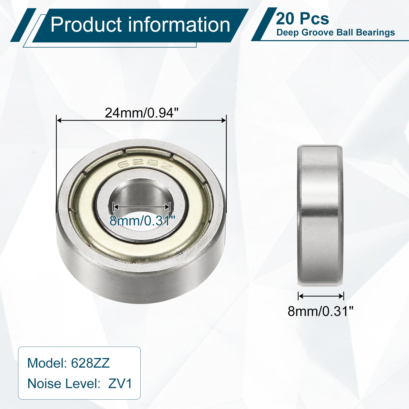 20Pcs 628ZZ Deep Groove Ball Bearings 8x24x8mm Double Shield Bearing