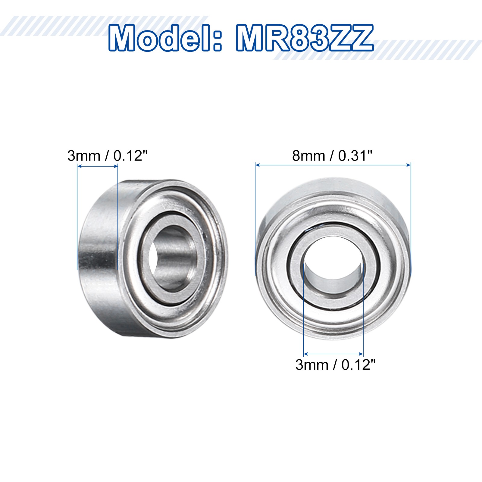 12 Pcs 3mm ID 8mm OD 3mm Width Double Shielded MR83ZZ Small Bearing P5 (ABEC 5)