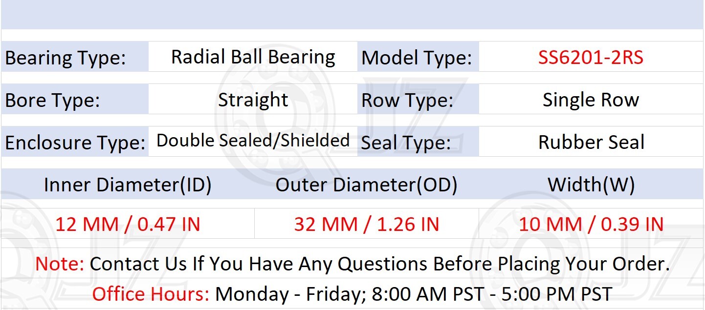 [Qty.4] SS6201-2RS Stainless Radial Ball Bearing [12mm Bore x 32mm OD x 10mm W]