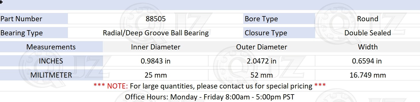 [1-Pack] 88505 Radial/Deep Groove Ball Bearing [25mm ID x 52mm OD x 16.75mm W]