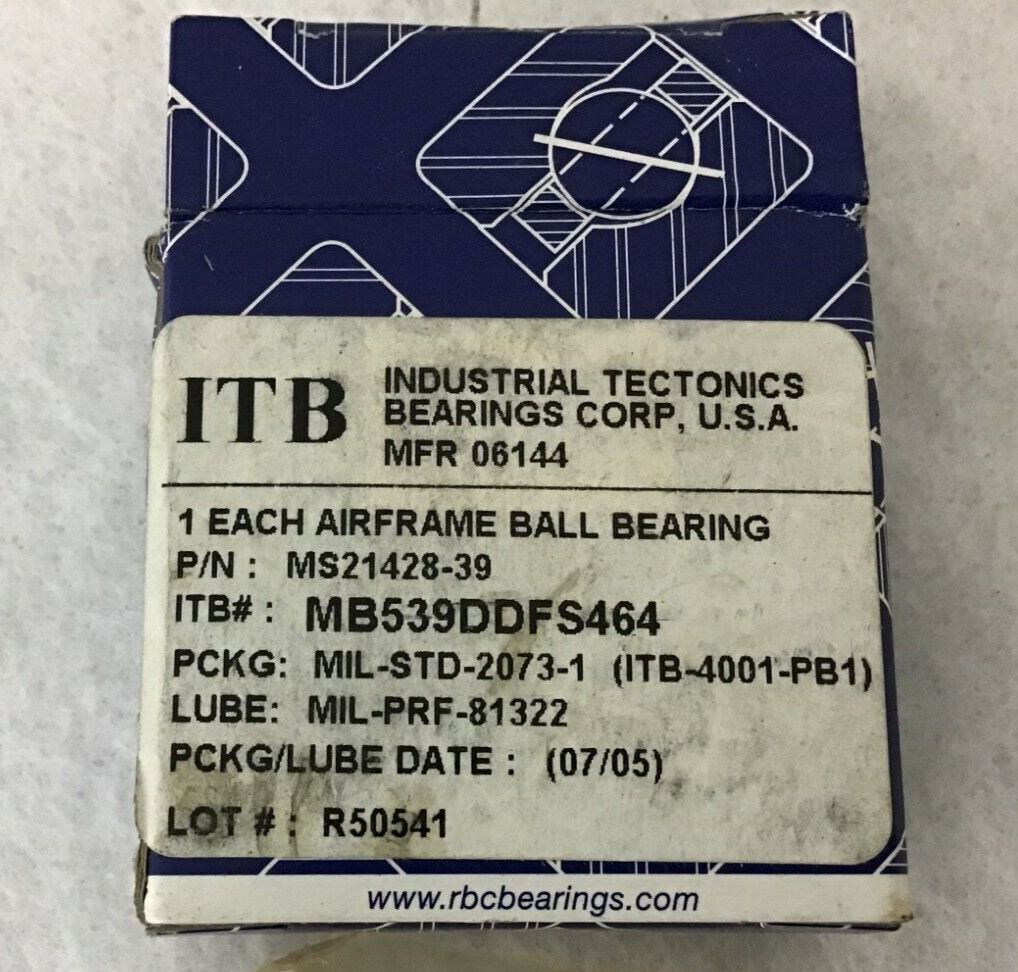 New ITB Industrial Tectonics Bearings MB539DD FS464 Ball Bearing MS21428-39