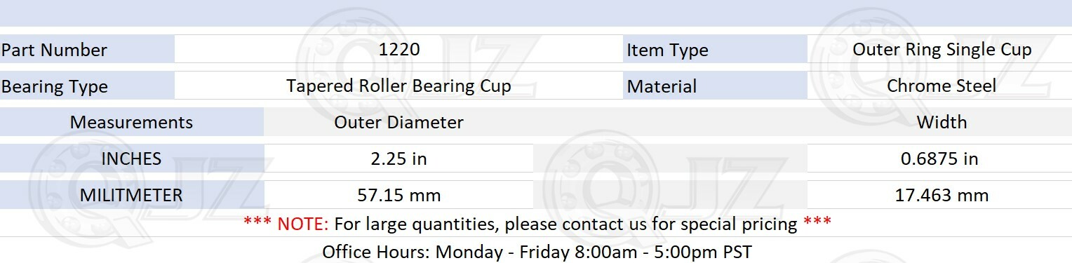 [1-Pack] 1220 Tapered Roller Bearing Outer Cup 2.25″ (Outer) x 0.6875″ (Width)