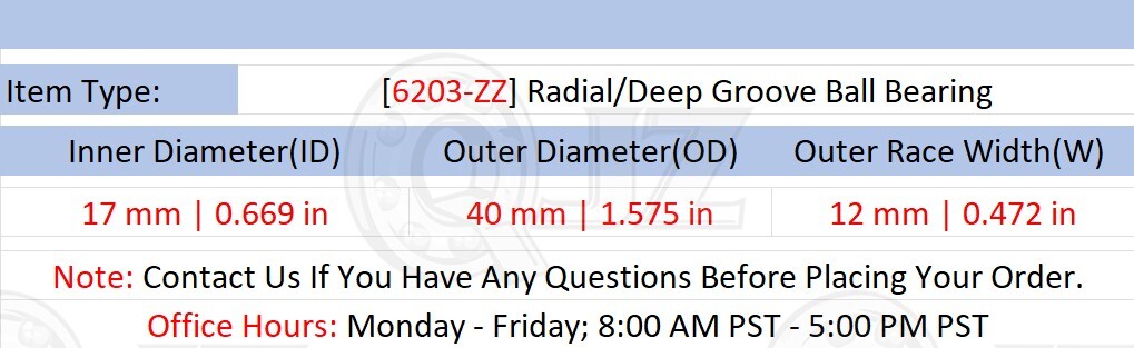 [Qty.2] New 6203-ZZ Radial/Deep Groove Ball Bearing [17mm ID x 40mm OD x 12mm W]