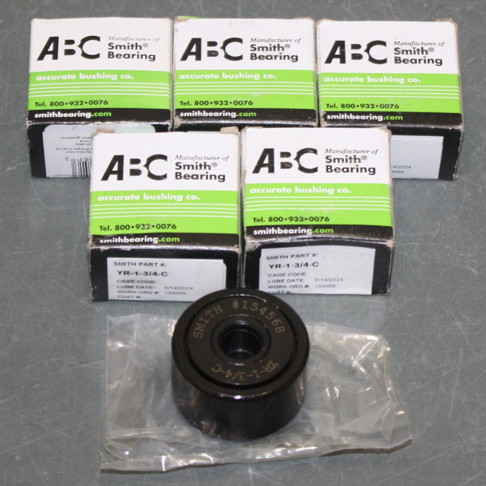 (6) Smith Bearing Crowned Yoke Roller YR-1-3/4-C, 1-3/4″ OD x 1″ W, 1/2″ Bore
