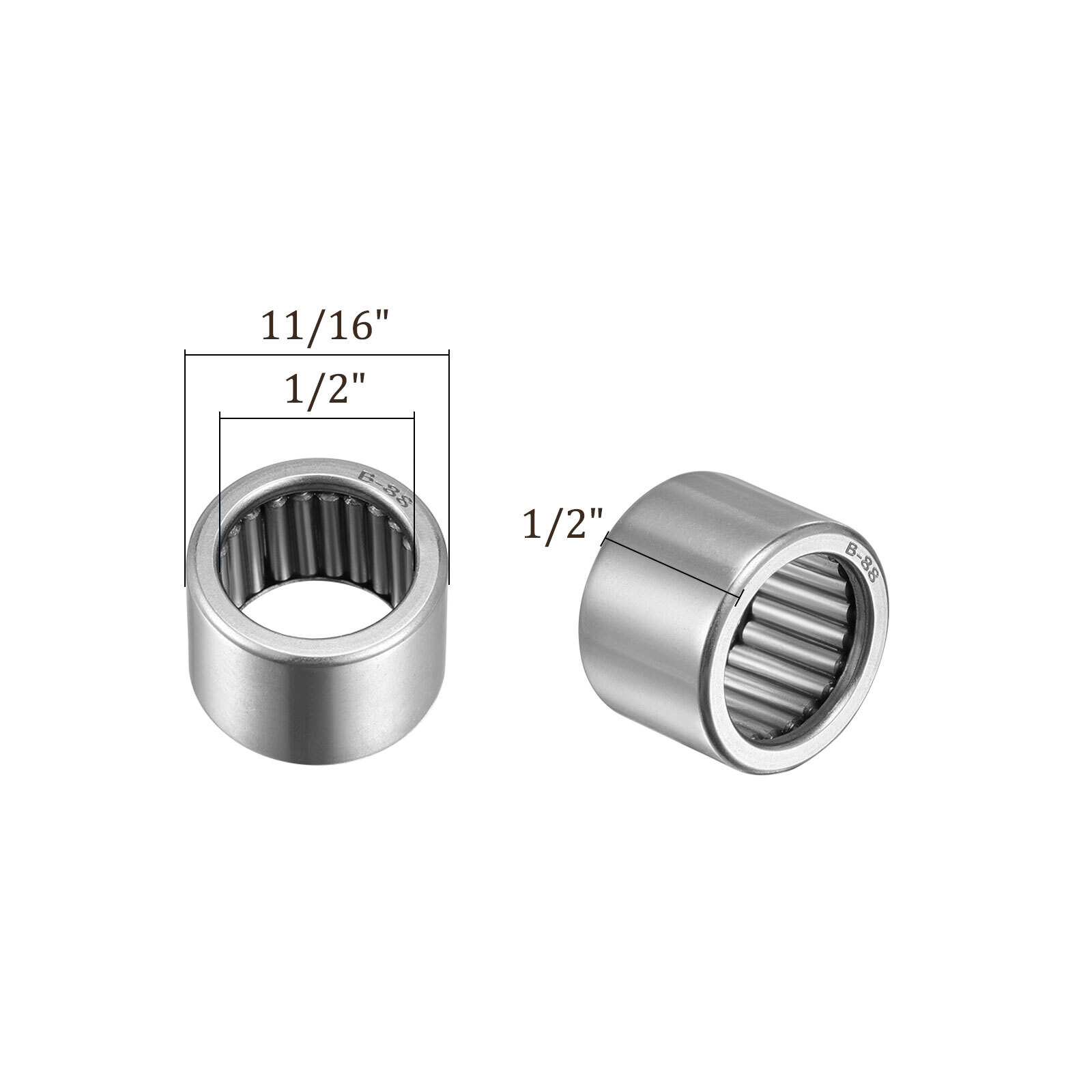 2pcs B88 Needle Roller Bearings 1/2 Inch x 11/16 Inch x 1/2 Inch Chrome Steel