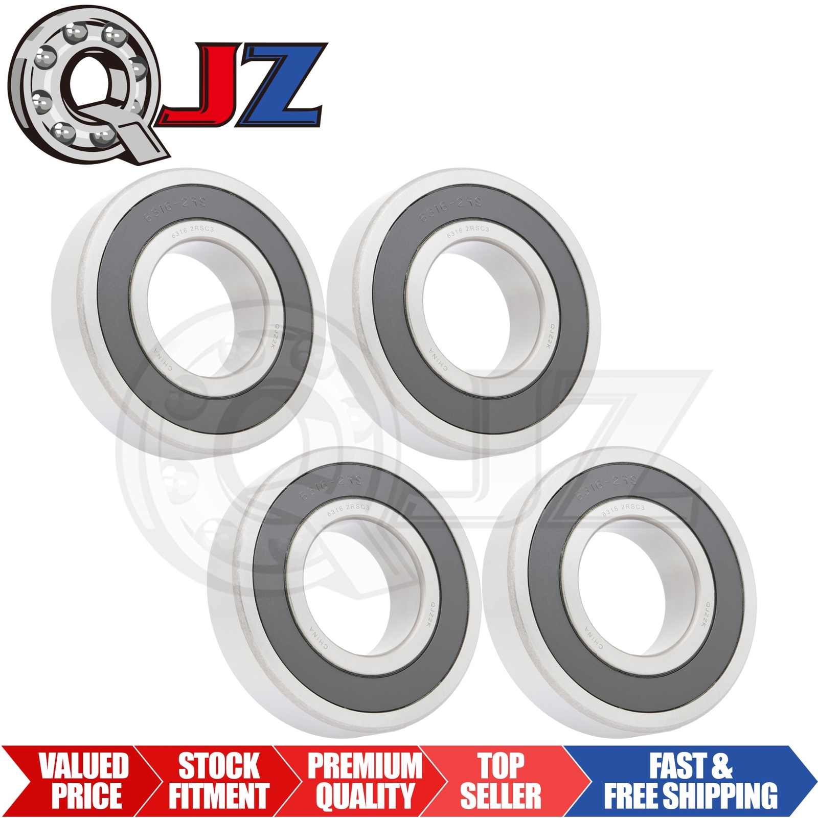 [Qty.4] 6316-2RS Radial/Deep Groove Ball Bearing [80mm ID x 170mm OD x 39mm W]