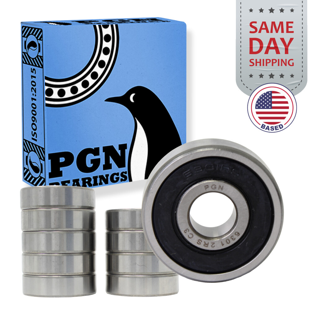 (10) 6301-2RS Premium Rubber Seal Ball Bearing C3 EMQ, 12x37x12, 6301 2RS 6301rs