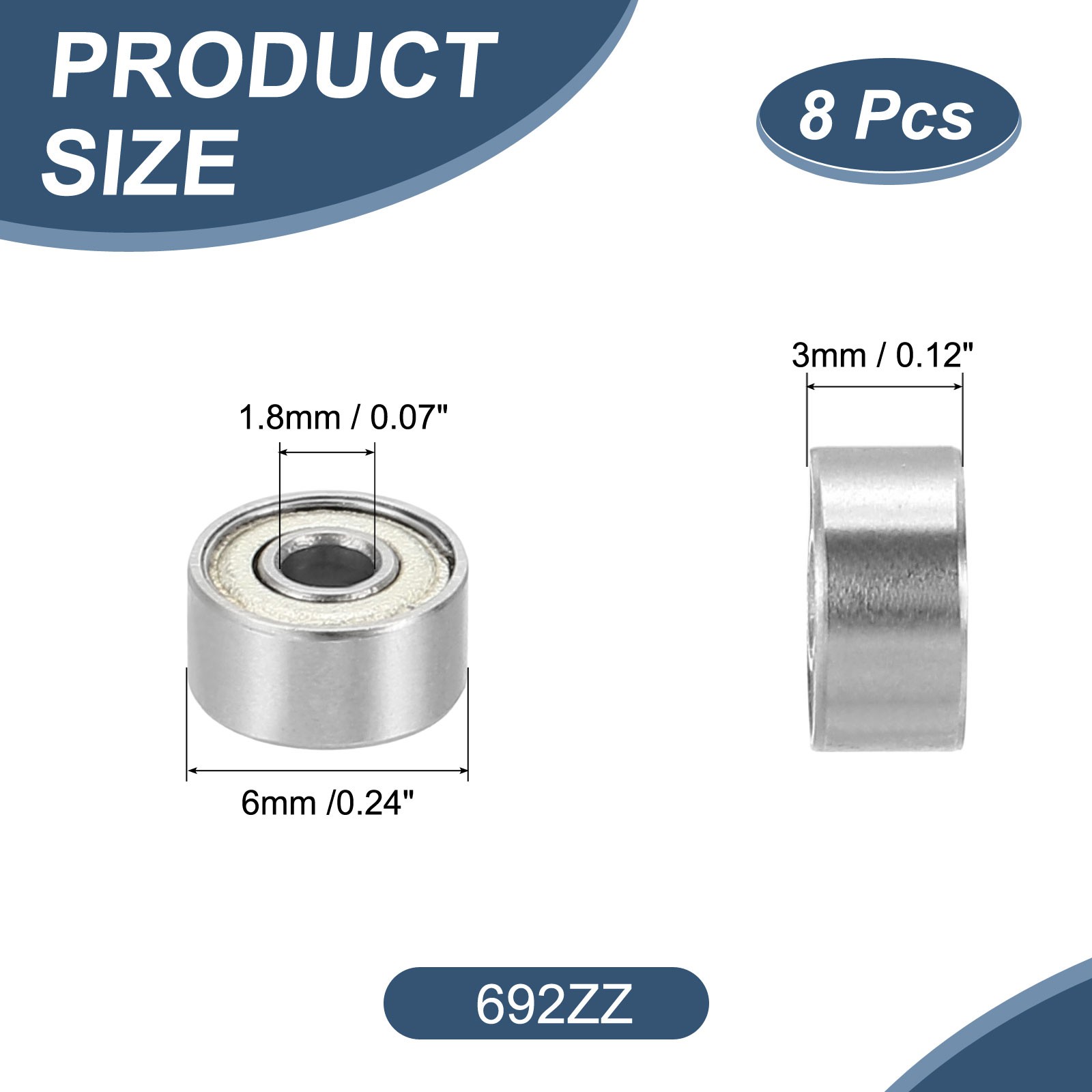 8 Pack 1.8 x 6 x 3mm 692ZZ Deep Groove Ball Bearings, ABEC5