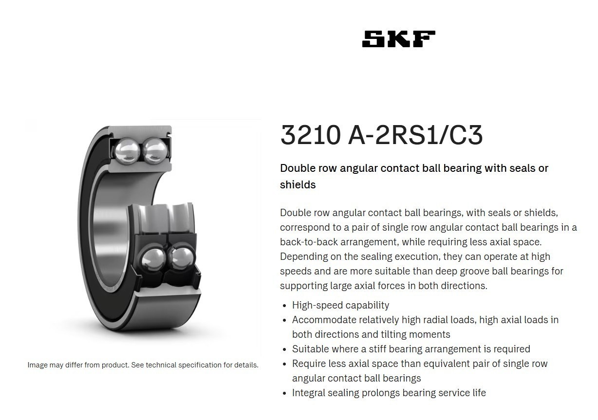 One (1) SKF Explorer 3210 A-2RS1/C3 Double Row Angular Contact Ball Bearing NEW