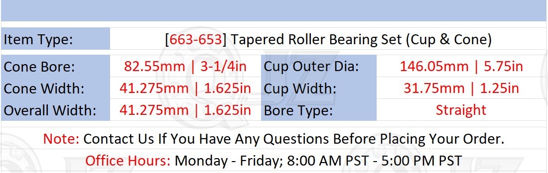 [Qty.2] New 663-653 Tapered Roller Bearing Set Cup & Cone [3-1/4″ ID x 1.625″ W]