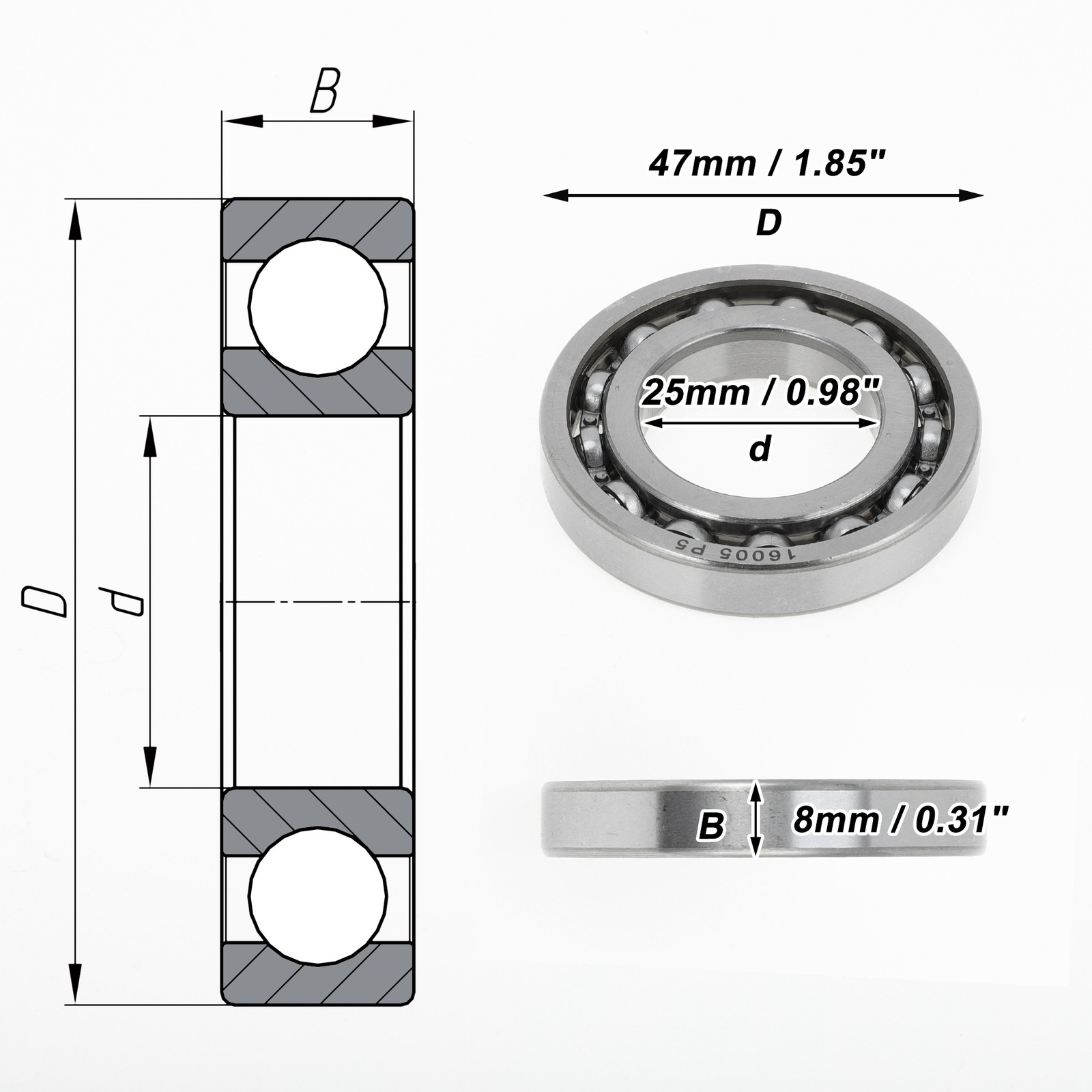 16005 Deep Groove Ball Bearings P5 25x47x8mm 1 Pc Scooter Skateboard Wheel