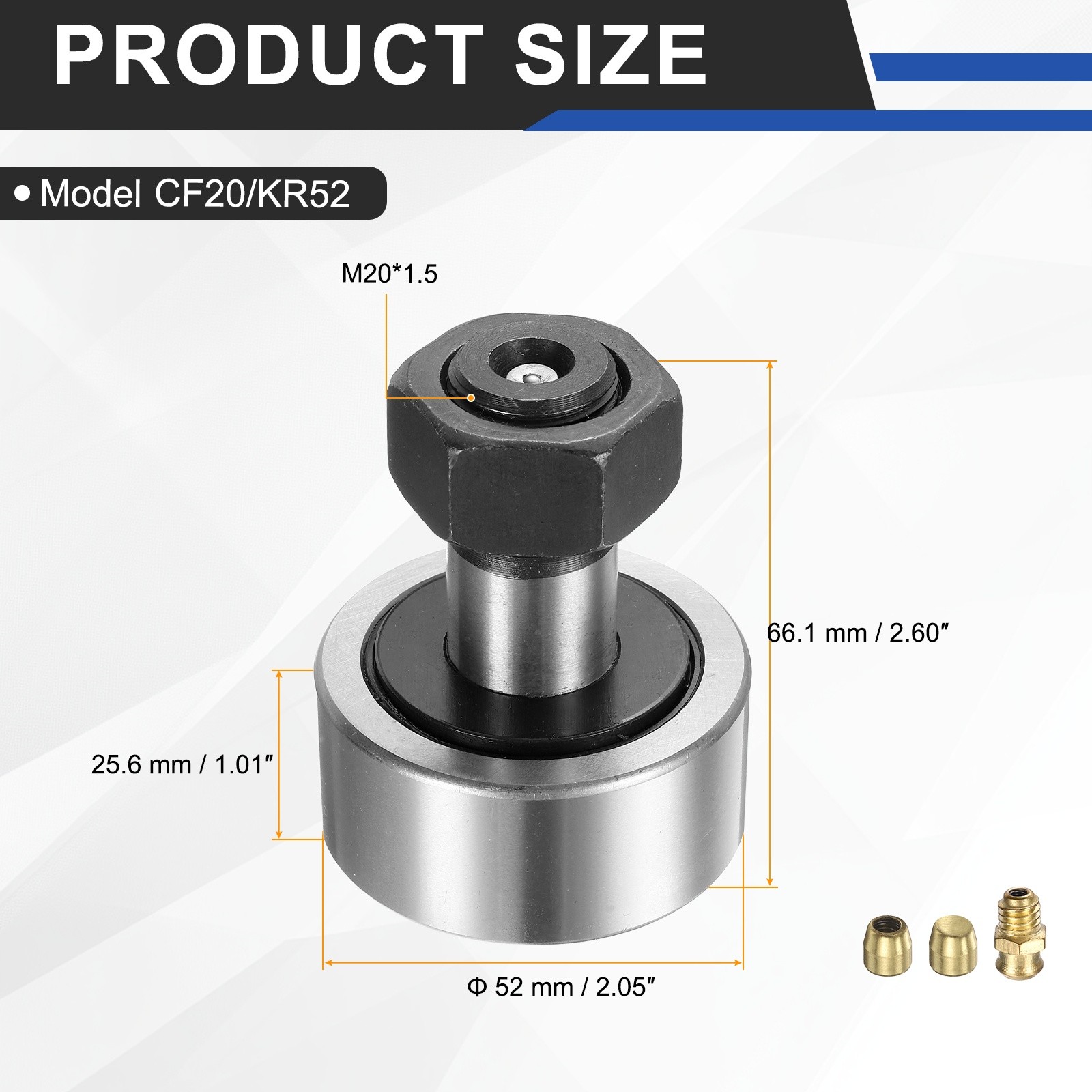 CF20/KR52 Cam Follower Needle Roller Bearing M20x1.5 52mm Chrome Steel