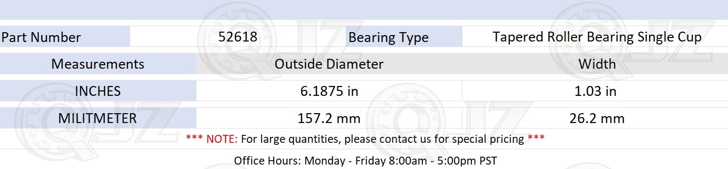[1-Pack] 52618 Tapered Roller Bearing Single Cup [6-3/16 in OD x 1.03 in W]