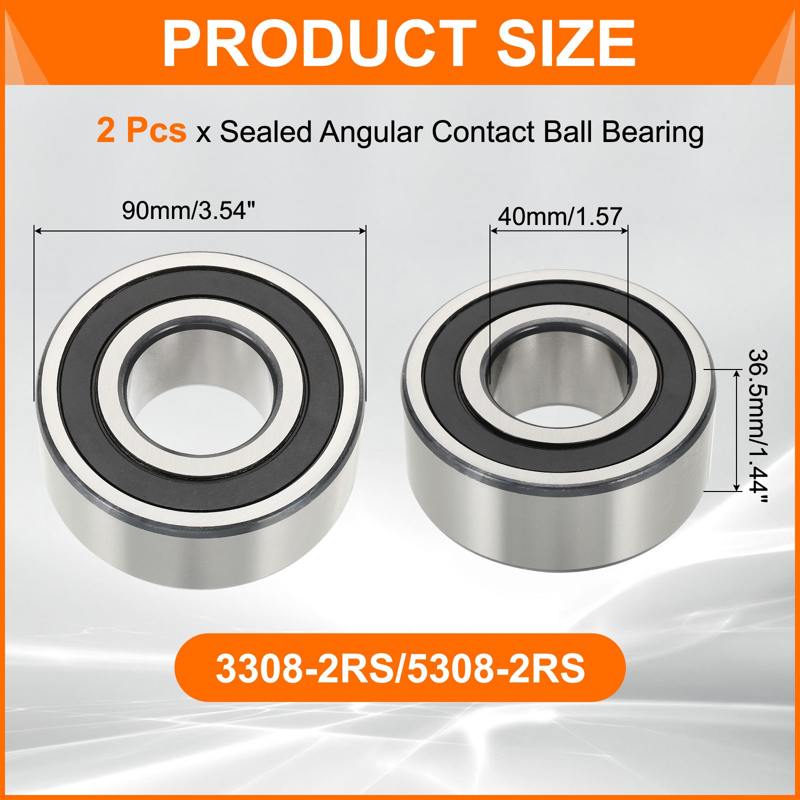 2Pcs 3308-2RS/5308-2RS 40x90x36.5mm Sealed Angular Contact Ball Bearing