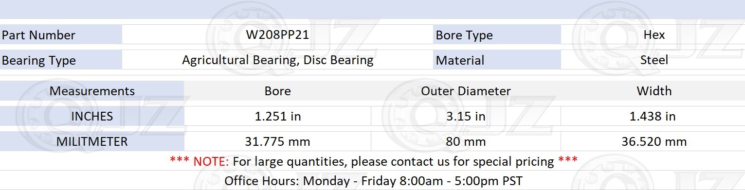[Qty.1] W208PP2 Agricultural Disc Bearing Hex Bore 1.25″ x 80 mm x 36.52 mm