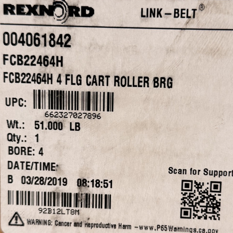 NEW REXNORD FCB22464H LINK-BELT SPHERICAL ROLLER BEARING CARTRIDGE 4″ FLANGE