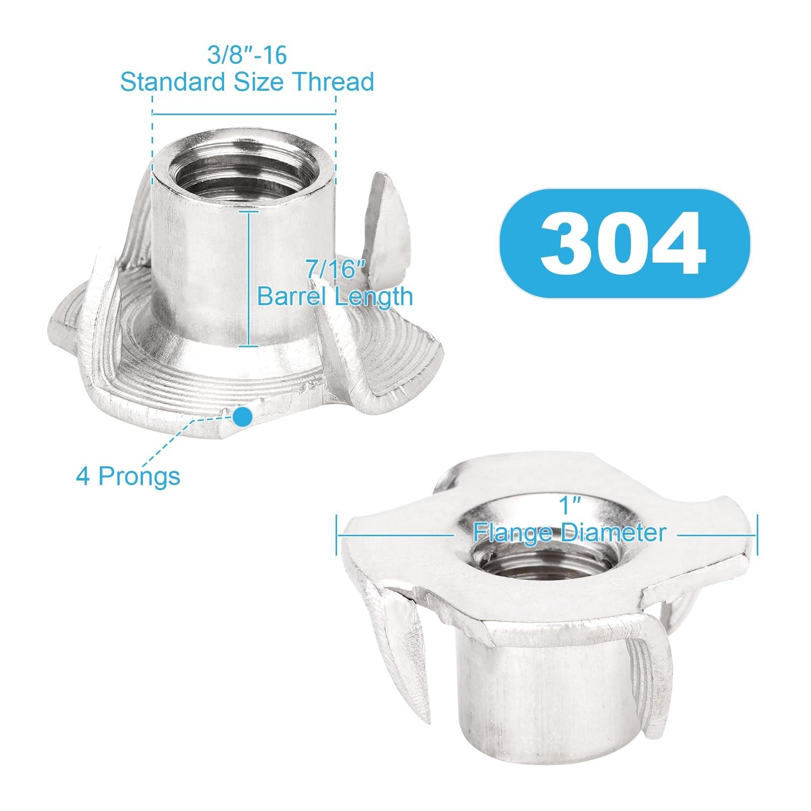 3/8″-16 T-Nuts (20 Pack), 304 (18-8) Stainless Steel, 7/16″ Barrel Length, 4-…