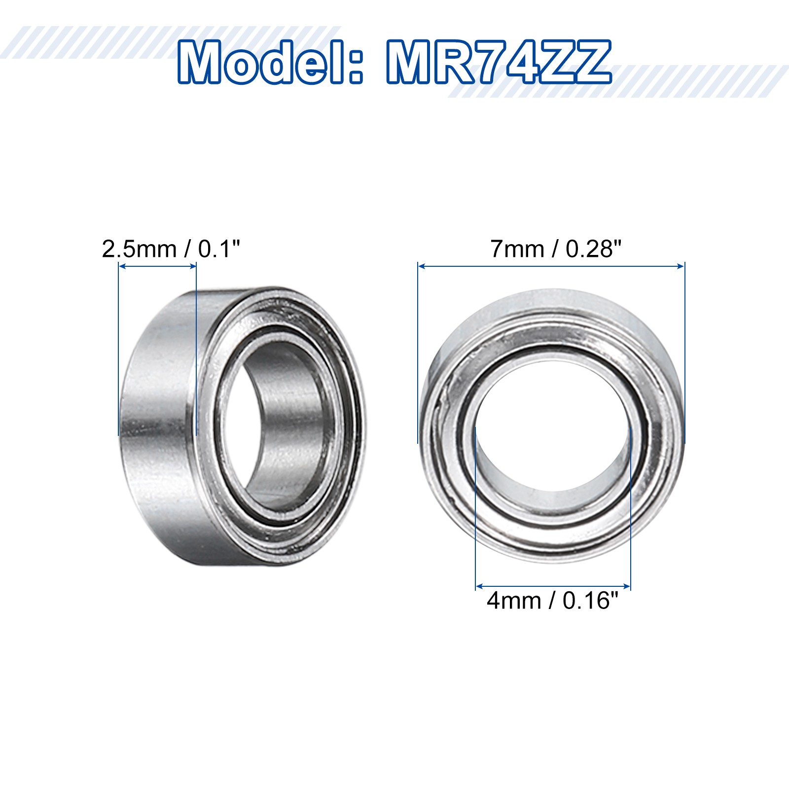 12Pcs MR74ZZ Deep Groove Ball Bearings 4mm ID 7mm OD 2.5mm Width Bearing