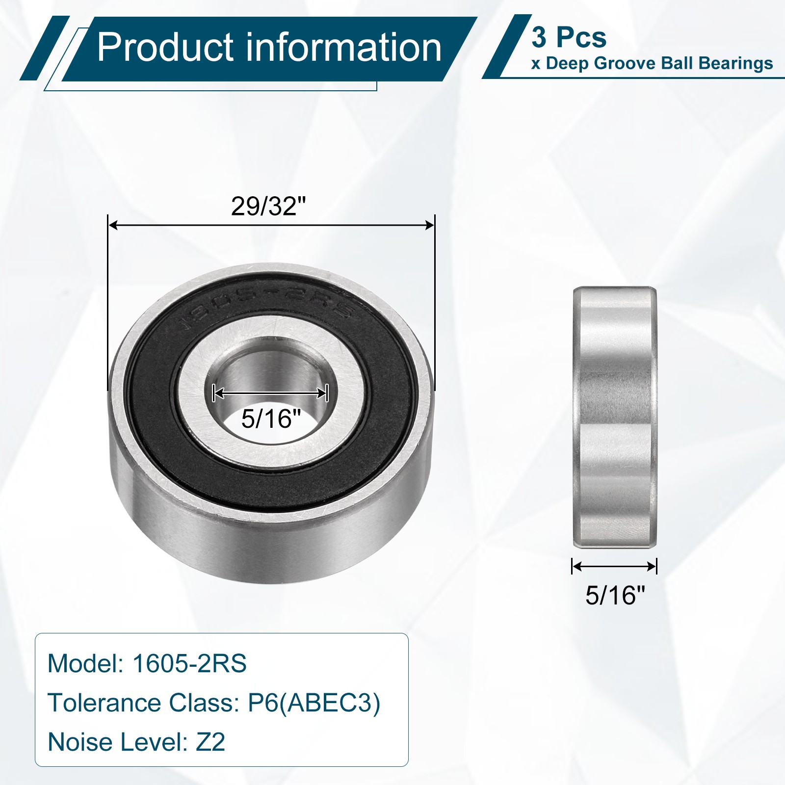 1605-2RS Deep Groove Ball Bearing, 3pcs 5/16″ x 29/32″ x 5/16″, Z2 Double Rubber
