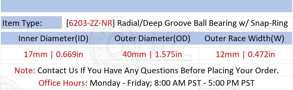 [Qty.10] 6203-ZZ-NR Deep Groove Bearing w/Snap-Ring [17mm ID x 40mm OD x 12mm W]
