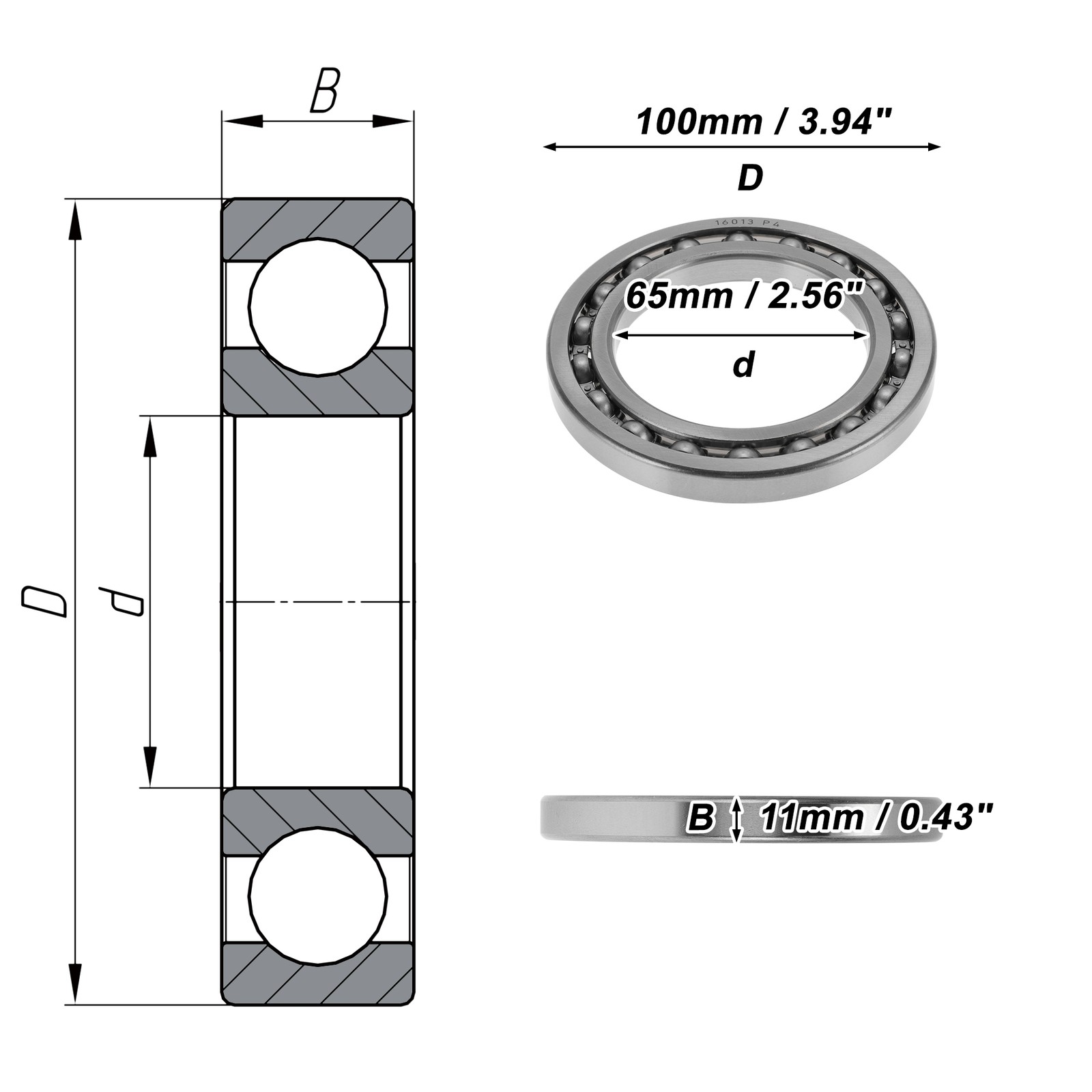 16013 Deep Groove Ball Bearings 65x100x11mm 1 Pcs Silver Tone