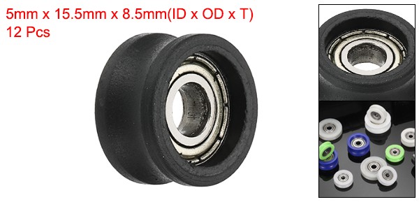 12 Pcs Black Groove Nylon Plastic Guide Bearing 5×15.5×8.5mm Pulley Roller