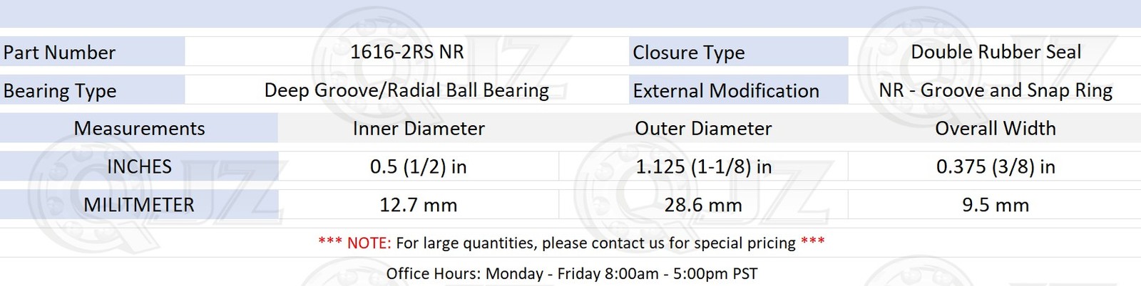 [Qty.50] 1616-2RS-NR Radial Ball Bearing w/Snap Ring [0.5in x 1.125in x 0.375in]