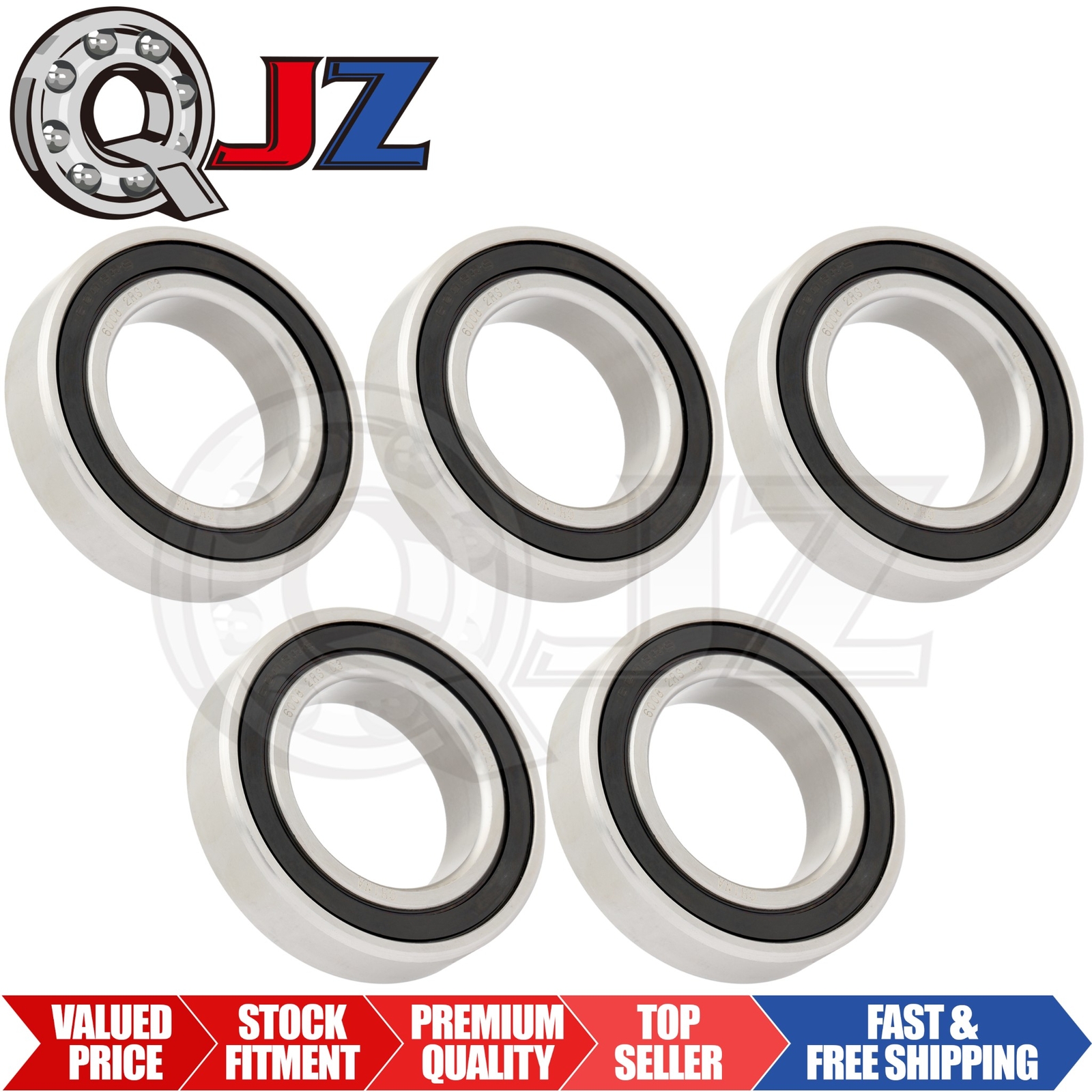 [Qty.5] 6008-2RS Radial/Deep Groove Ball Bearing [40mm Bore x 68mm OD x 15mm W]