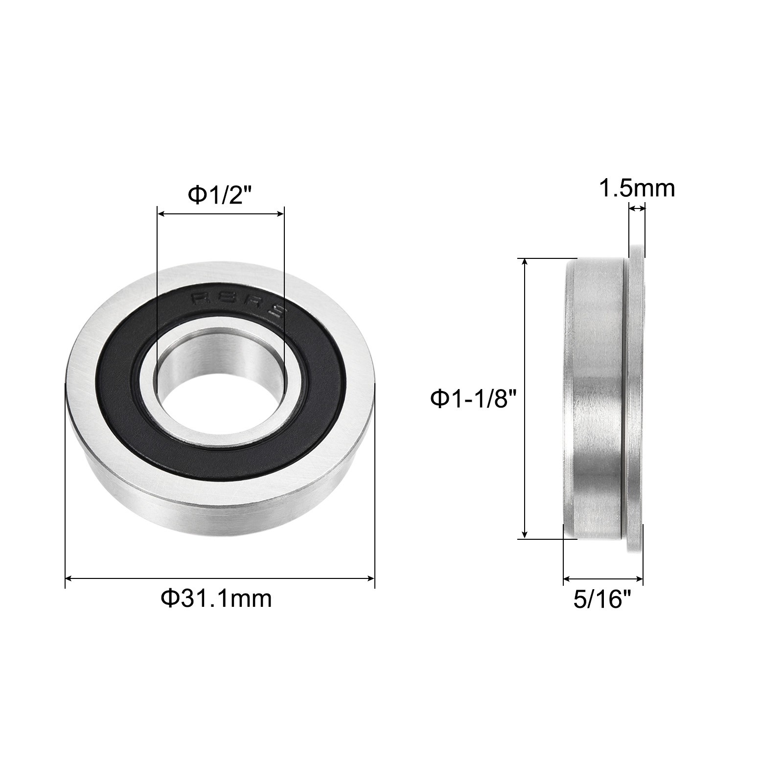10pcs 1/2 x 1-1/8 x 5/16 inch FR8-2RS Flanged Ball Bearing